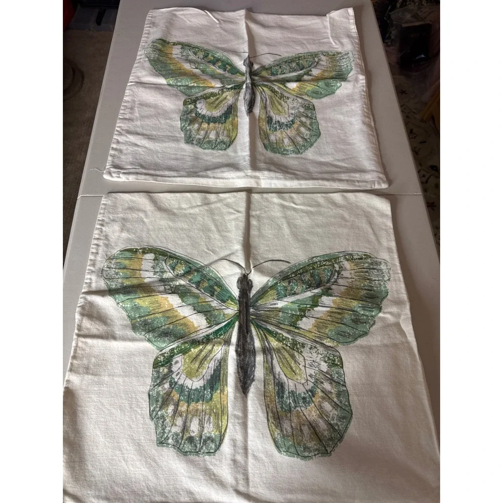 IKEA ROTFJARIL Butterfly Cushion Covers Set of 2 Green Cream 20x20 Ramie Cotton